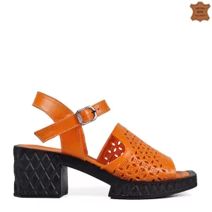 Оранжеви дамски сандали от естествена кожа с модер...