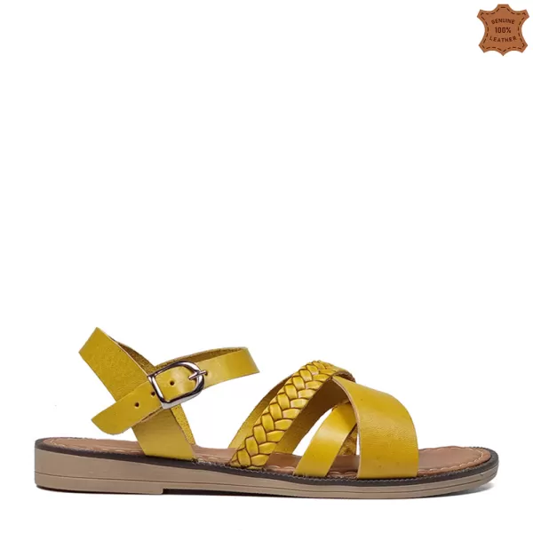 Равни дамски сандали от естествена кожа в жълт цвят 21293-4