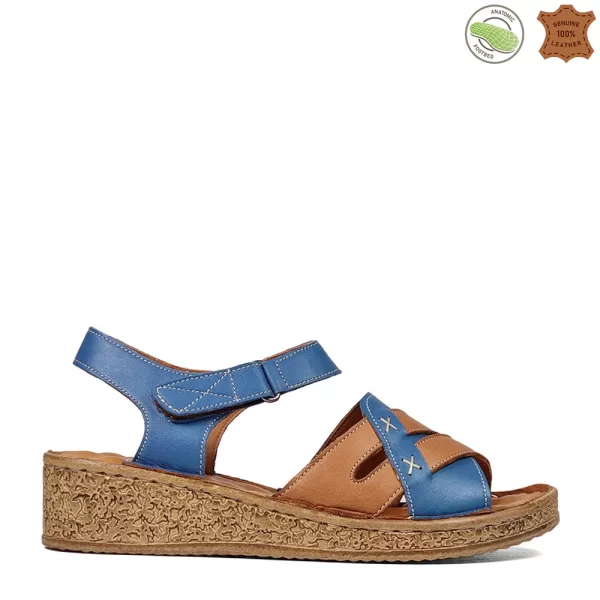 Удобни дамски сандали естествена кожа в синьо и кафяво 21320-4