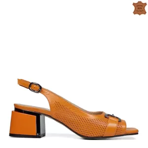 Оранжеви дамски елегантни сандали от естествена ко...