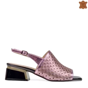 Розови кожени дамски елегантни сандали с ток 21405-5