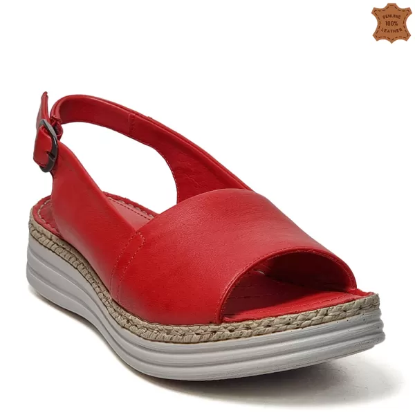 Червени равни дамски сандали от естествена кожа 24119-2