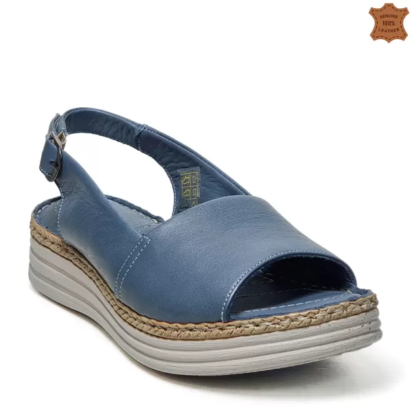Сини равни дамски сандали от естествена кожа 24119-3