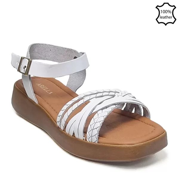 Бели равни дамски сандали от естествена кожа 24126-1