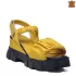 Кожени жълти дамски сандали с набран ефект на платформа 24139-5