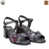 Български дамски сандали с ток от черна кожа на цветя 24165-1