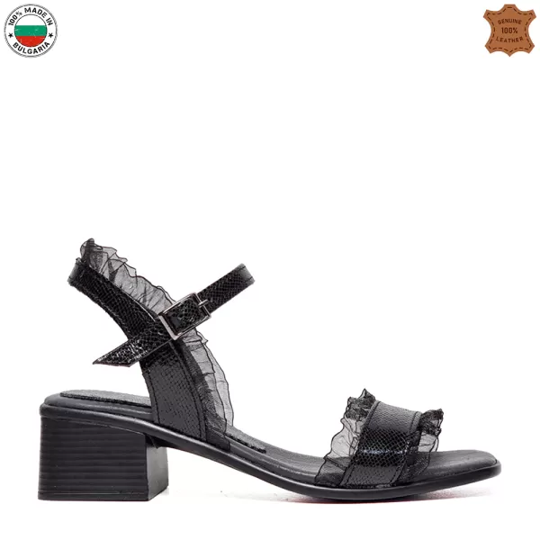 Български черни дамски сандали с дантела на среден ток 24181-1