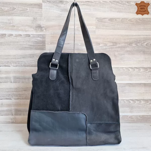 Голяма дамска чанта от кожа и велур в черен цвят 73033-1