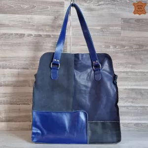 Голяма дамска чанта от естествена кожа в син цвят ...