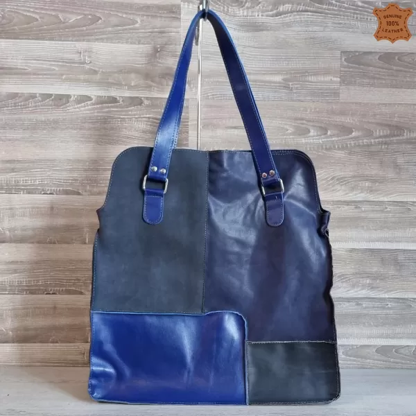 Голяма дамска чанта от естествена кожа в син цвят 73033-16