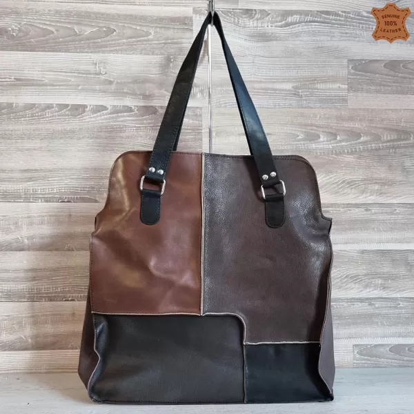 Голяма дамска чанта от естествена кожа в кафяв цвят 73033-17