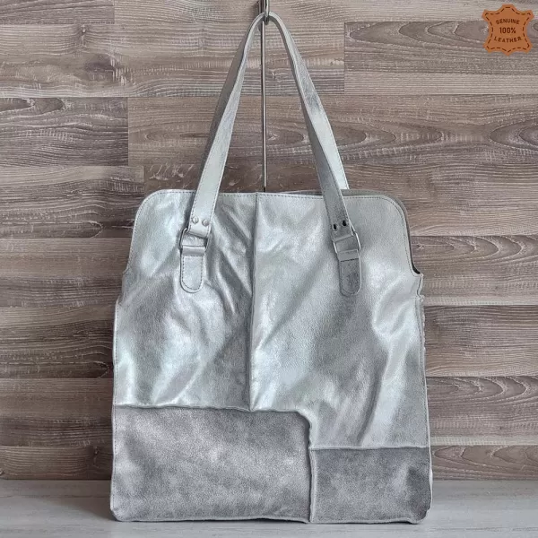 Голяма сребриста дамска чанта от естествена кожа 73033-2