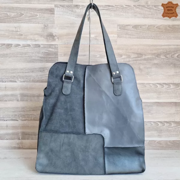 Голяма дамска чанта от естествена кожа в сив цвят 73033-21
