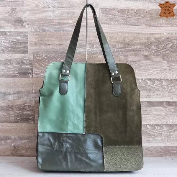 Голяма зелена дамска чанта от естествена кожа и велур 73033-24