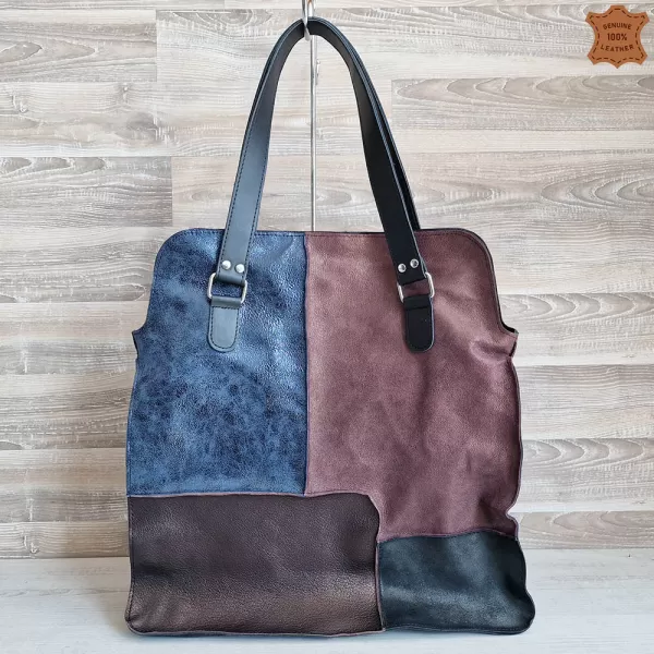 Голяма дамска кожена чанта в тъмни пастелни цветове 73033-9