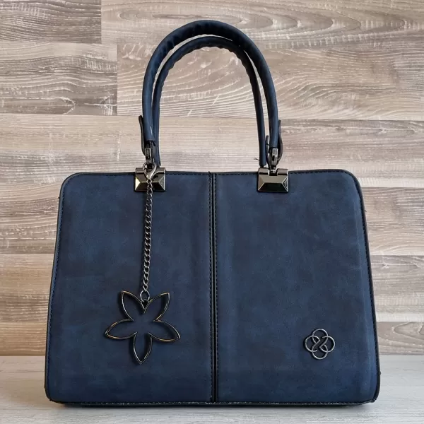 Синя дамска чанта от еко кожа с метален аксесоар - 75051-5