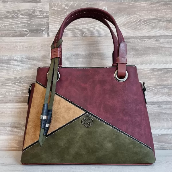 Дамска ежедневна чанта от еко кожа в бордо и зелено - 75053-3