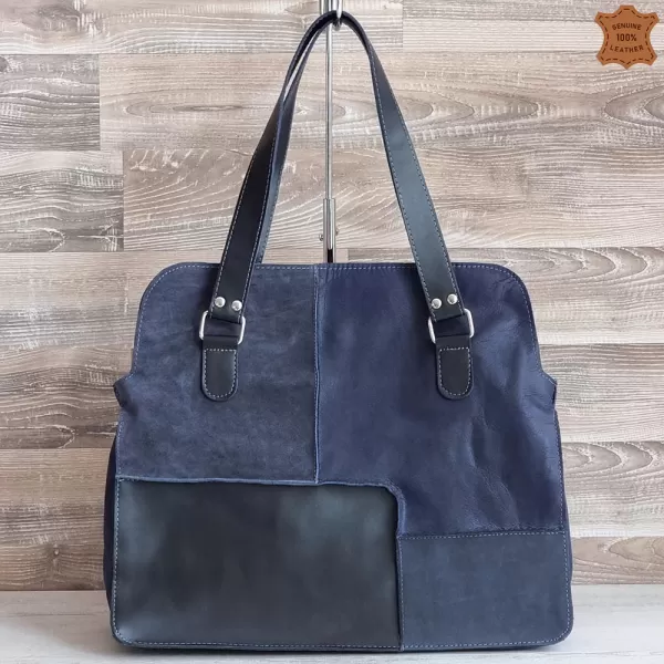Среден размер синя дамска чанта от кожа и велур 75064-3