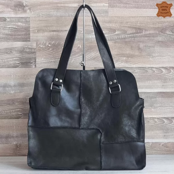 Среден размер черна дамска чанта от естествена кожа 75064-7