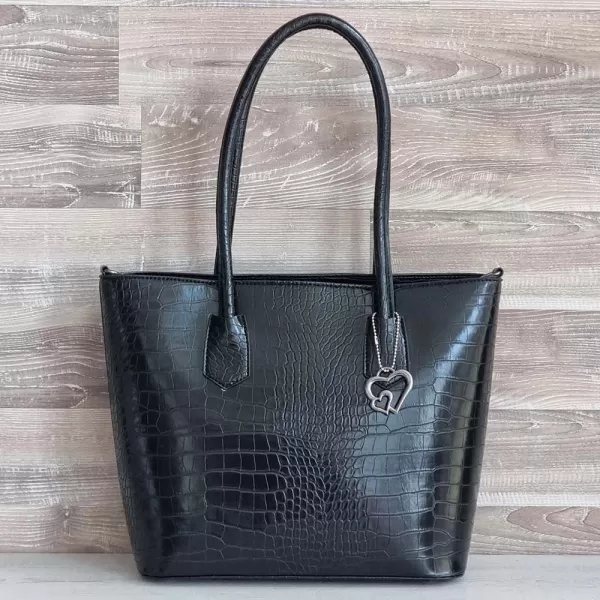 Голяма елегантна дамска чанта в черен кроко принт 75065-1