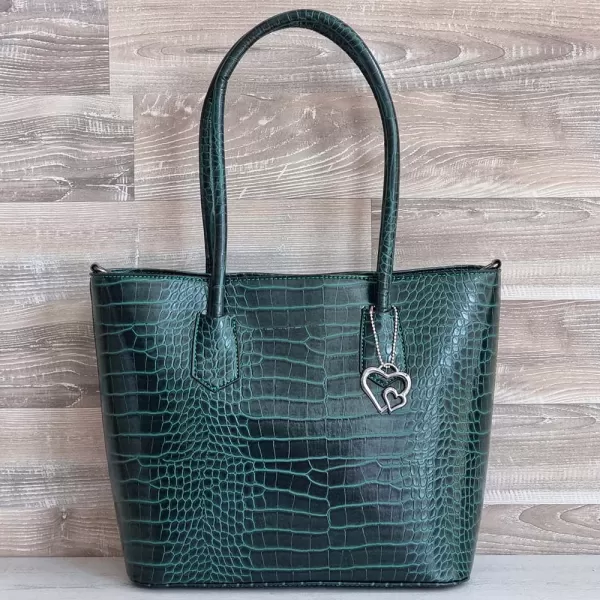 Голяма елегантна дамска чанта в зелен кроко принт 75065-5