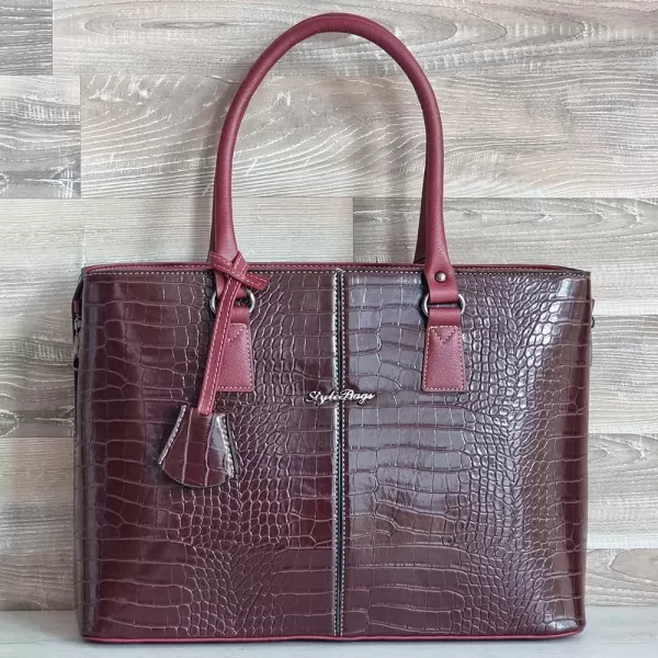Голяма дамска чанта от бордо еко кожа с принт кроко 75070-5