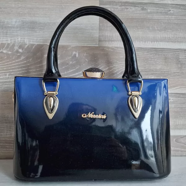 Официална дамска лачена чанта в преливащ син цвят 75074-3