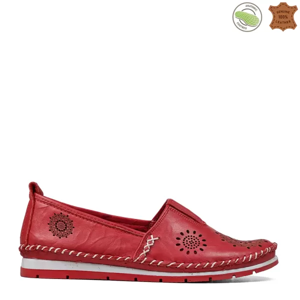 Кожени летни равни дамски обувки в червен цвят 21224-5