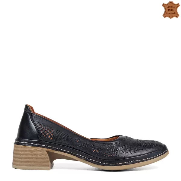 Дамски черни обувки от естествена кожа с токче 21227-1