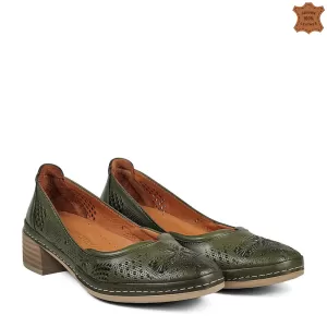 Дамски маслено зелени обувки от естествена кожа с ...