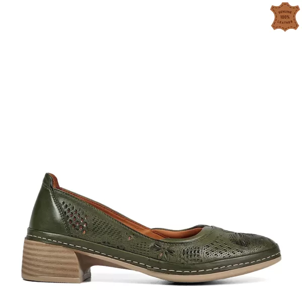 Дамски маслено зелени обувки от естествена кожа с токче 21227-3