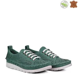 Зелени дамски летни обувки с връзки от естествена ...
