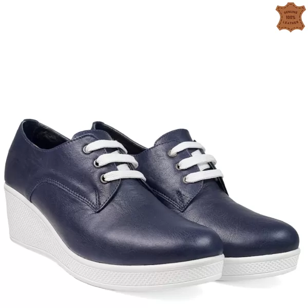 Сини дамски обувки на платформа от естествена кожа 21214-5
