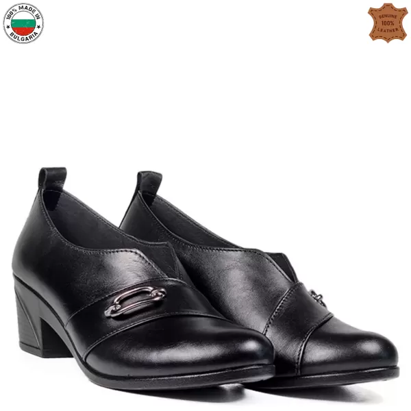 Български черни дамски кожени обувки на ток 21277-6