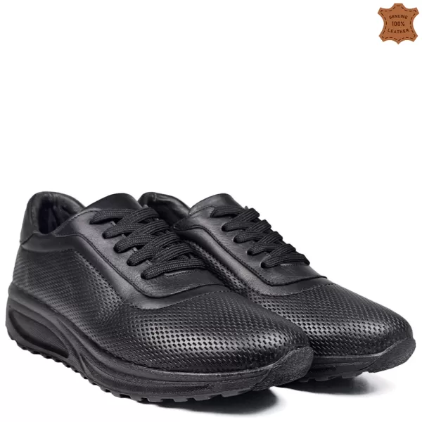 Черни дамски спортни обувки от естествена кожа с връзки 21435-1