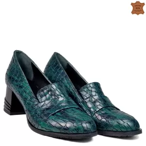Дамски елегантни обувки от петролено зелена ефектна кожа 21469-3