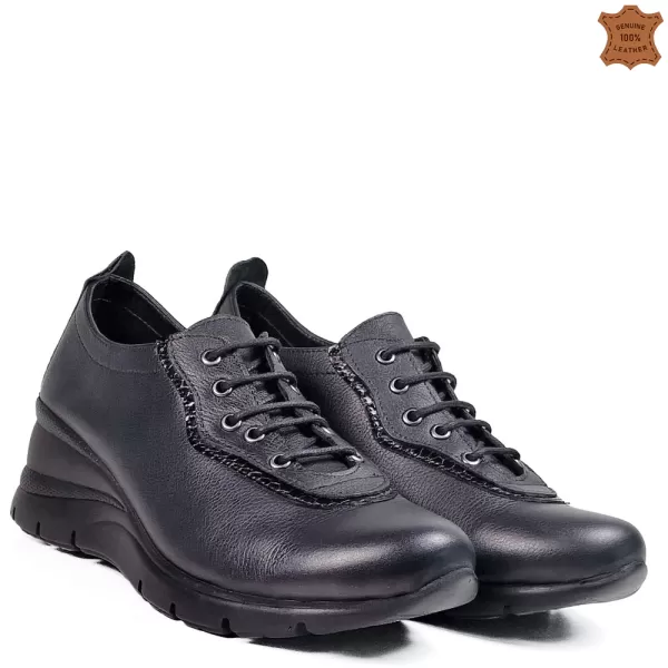 Черни кожени дамски ежедневни обувки на платформа 21472-1