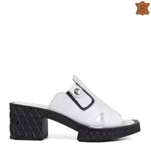 Бели летни дамски чехли от естествена кожа с широк ток 21266-1