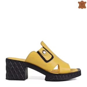 Жълти летни дамски чехли от естествена кожа с широк ток 21266-2
