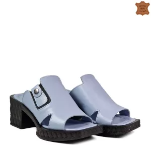 Сини летни дамски чехли от естествена кожа с широк ток 21266-3