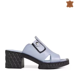 Сини летни дамски чехли от естествена кожа с широк ток 21266-3