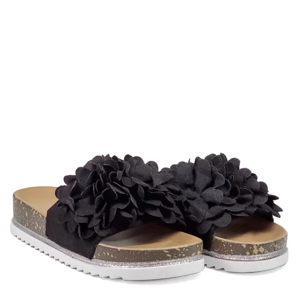 Равни дамски ежедневни чехли с цветя в черен цвят 21406-1