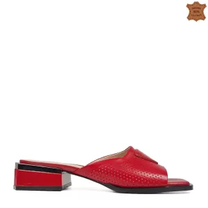 Червени елегантни дамски чехли с нисък ток 21432-1...