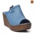 Удобни кожени дамски чехли с платформа в син цвят 24168-5