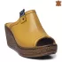 Удобни кожени дамски чехли с платформа в жълт цвят 24168-2