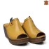 Удобни кожени дамски чехли с платформа в жълт цвят 24168-2