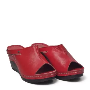 Червени дамски чехли от естествена кожа с платформ...
