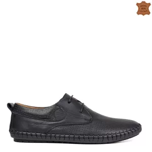 Шити мъжки летни обувки с връзки в черен цвят 13232-1
