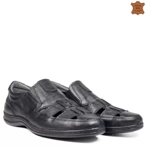 Черни кожени мъжки летни обувки Comfort с ластици ...