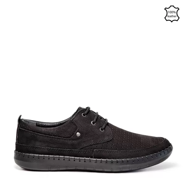 Черни мъжки летни обувки от естествен набук с връзки 14593-1